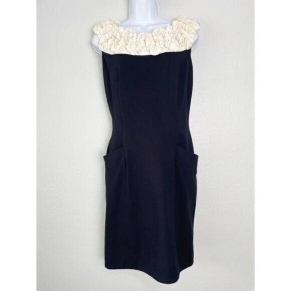 Gabby Skye black‎ cream ruffle embellished neck shift dress 10 pockets